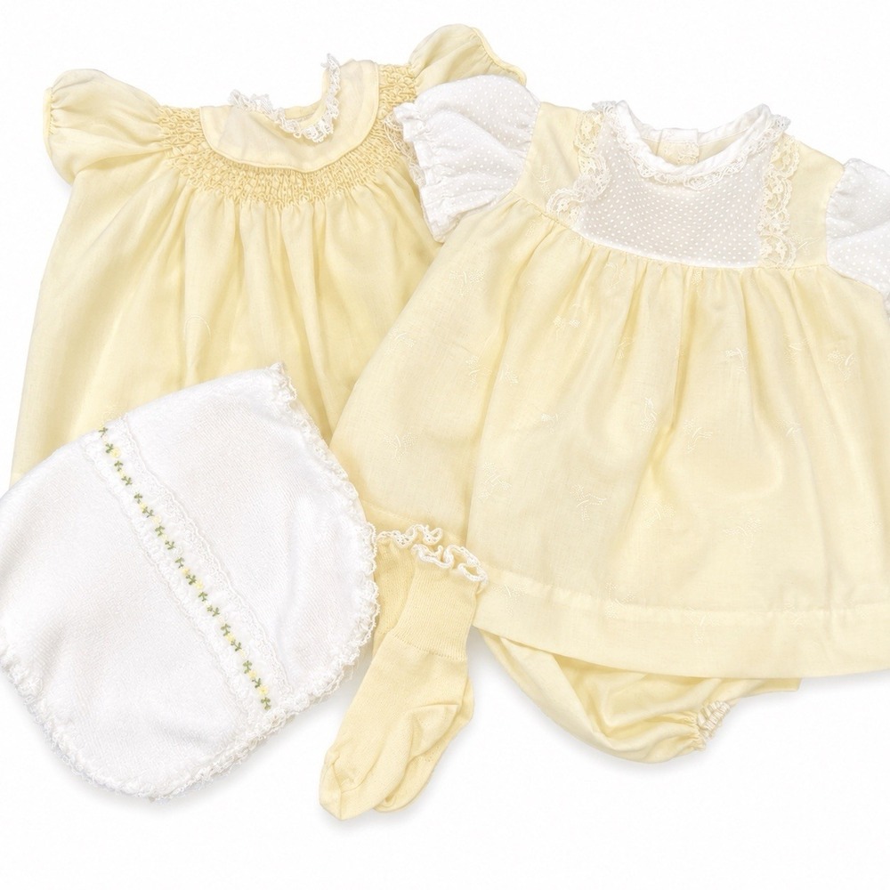 Vintage Baby Dress Lot 12-18 Mos Butter Yellow Smocked Lace Heirloom Coquette